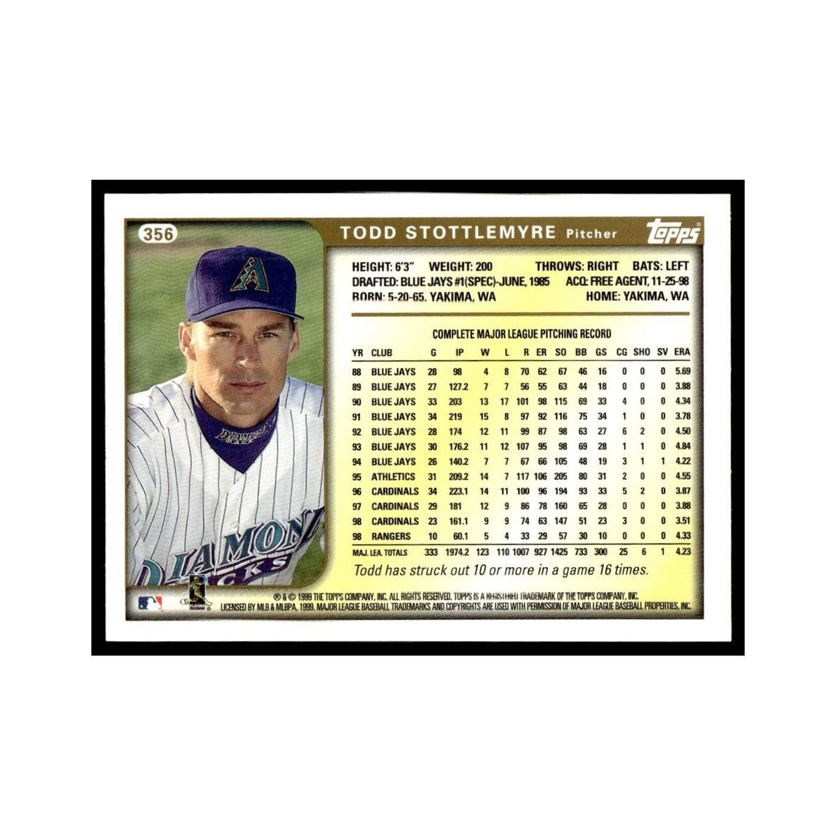 Todd Stottlemyre 1999 Topps #356 Arizona Diamondbacks Baseball Card NM