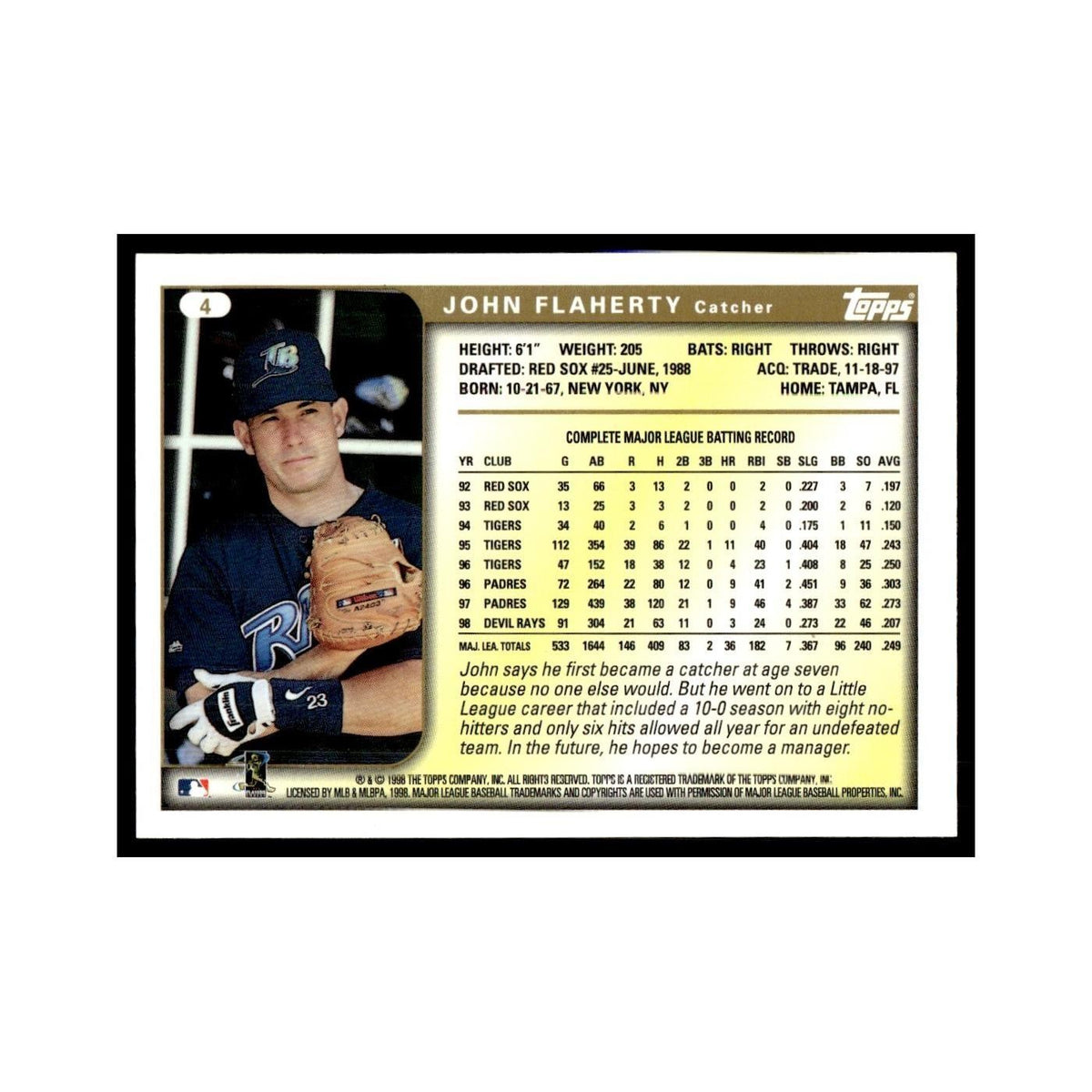 John Flaherty 1999 Topps #4 Tampa Bay Devil Rays Baseball Card NM