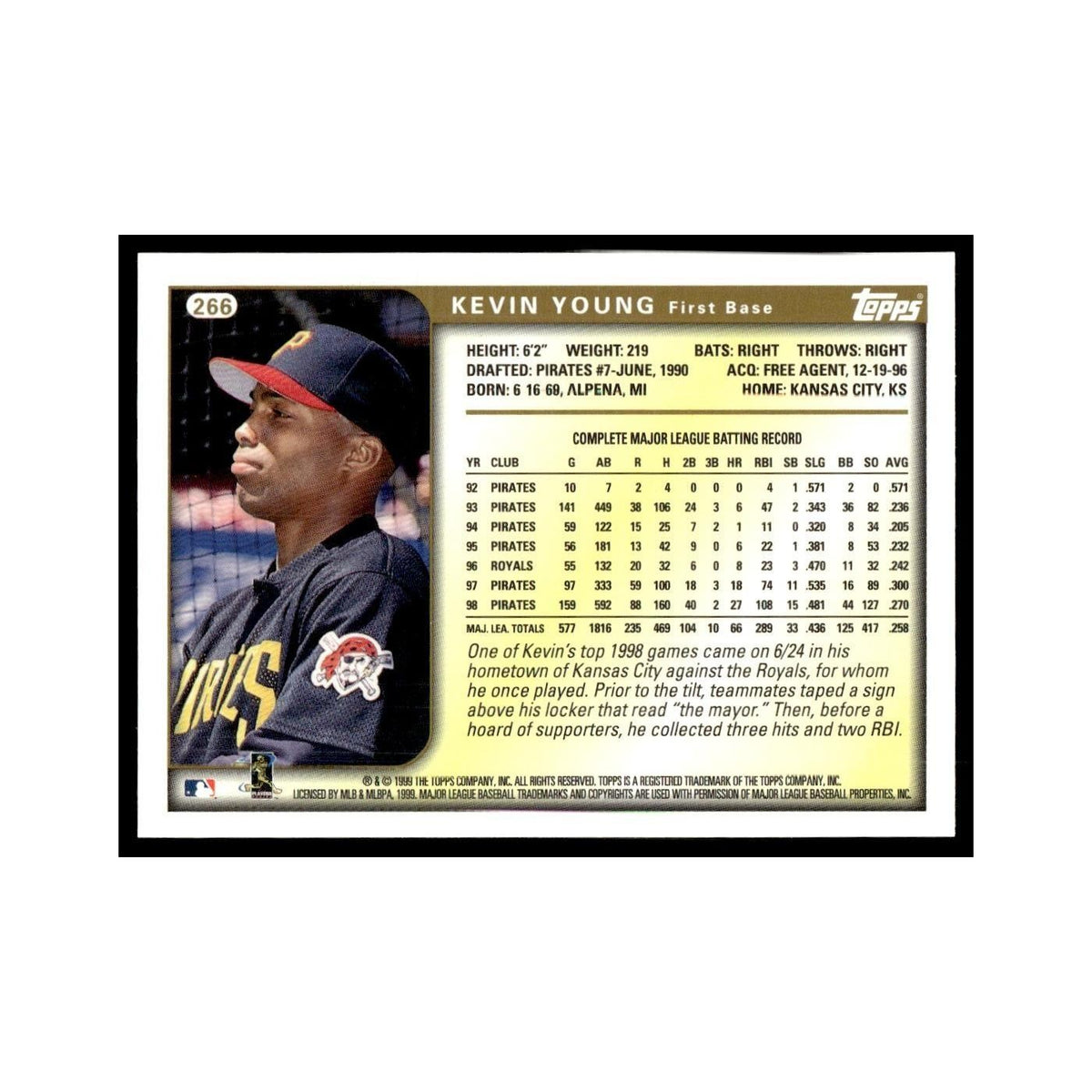 Kevin Young 1999 Topps #266 Pittsburgh Pirates Baseball Card NM