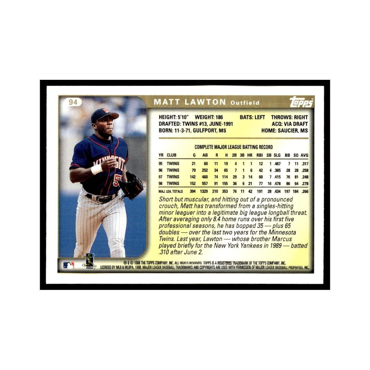 Matt Lawton 1999 Topps #94 Minnesota Twins Baseball Card NM