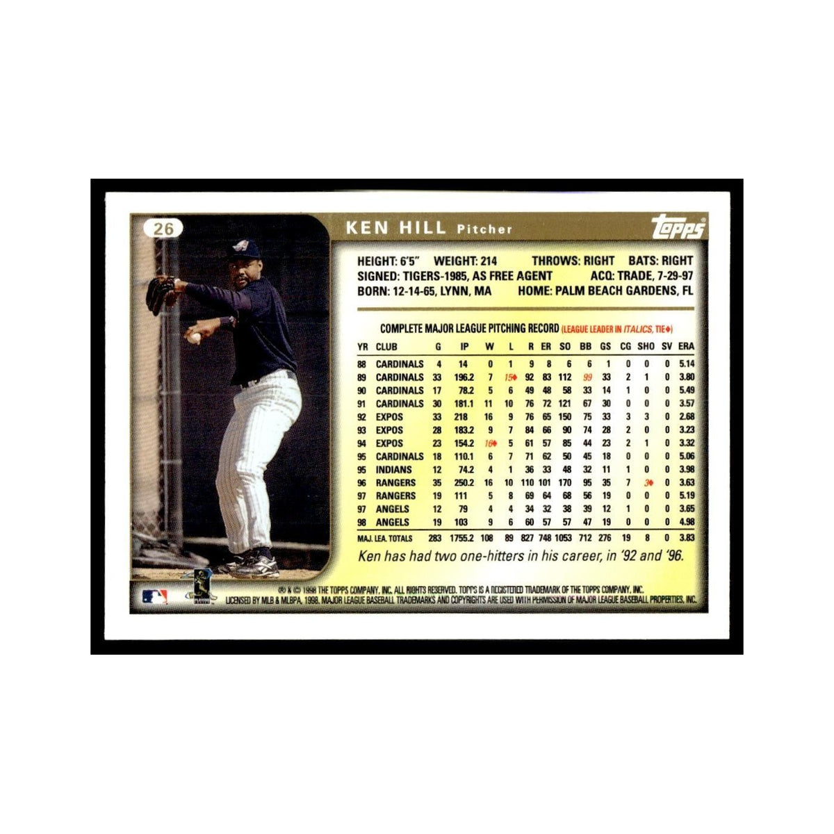 Ken Hill 1999 Topps #26 Anaheim Angels Baseball Card NM