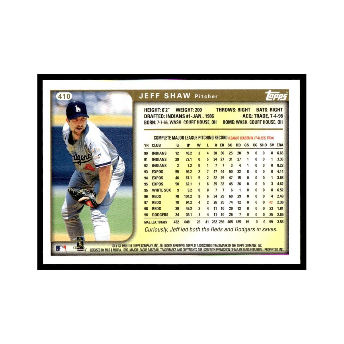 Jeff Shaw 1999 Topps #410 Los Angeles Dodgers Baseball Card NM