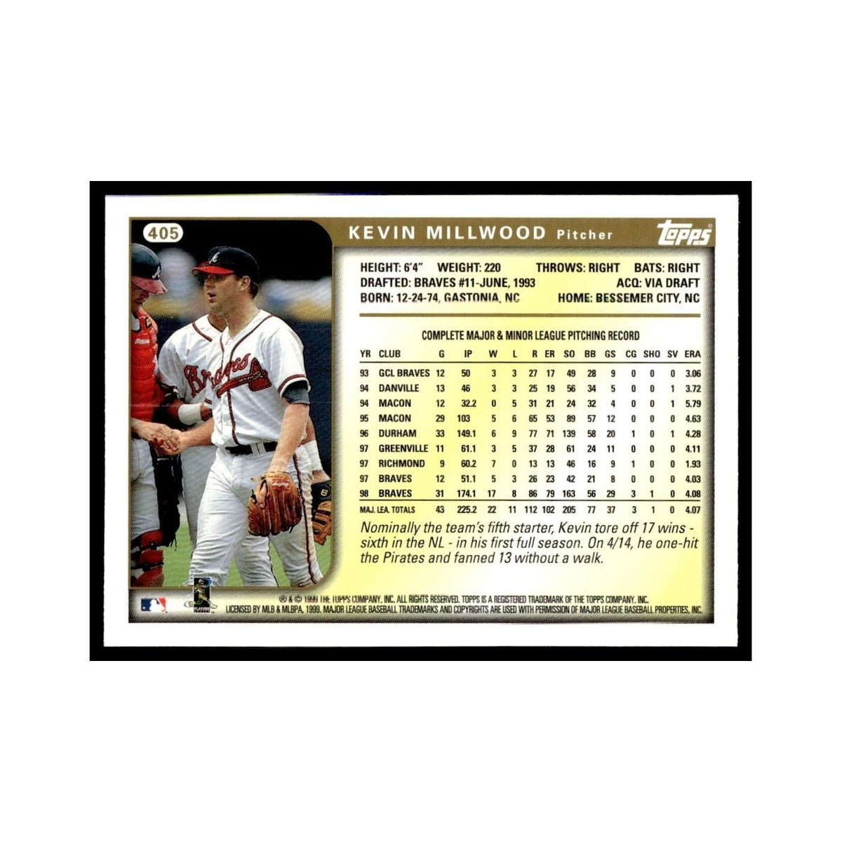 Kevin Millwood 1999 Topps #405 Atlanta Braves Baseball Card NM