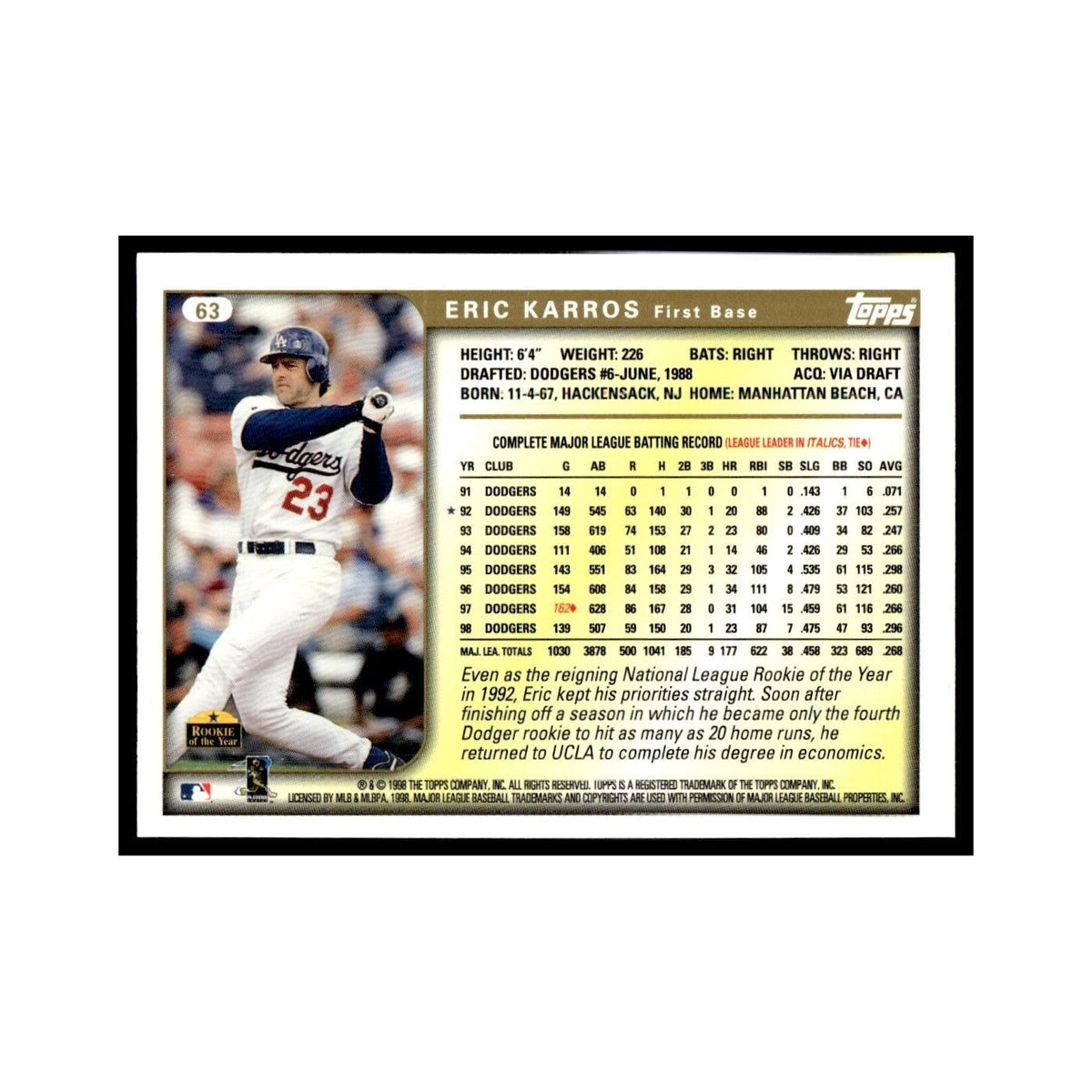 Eric Karros 1999 Topps #63 Los Angeles Dodgers Baseball Card NM
