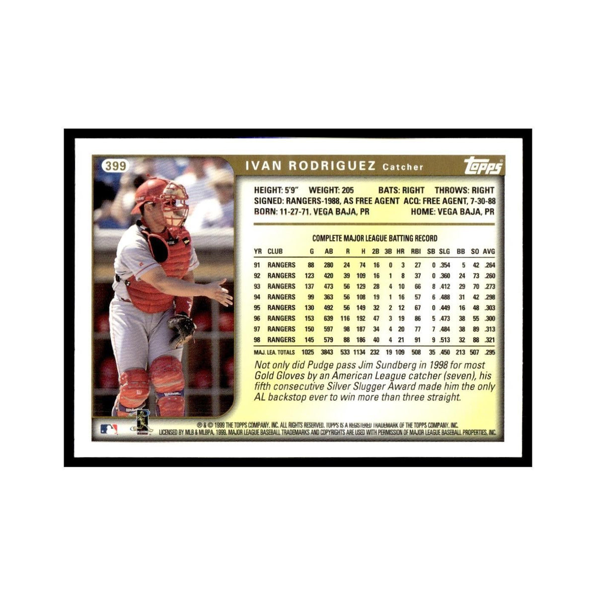 Ivan Rodriguez 1999 Topps #399 Texas Rangers Baseball Card NM