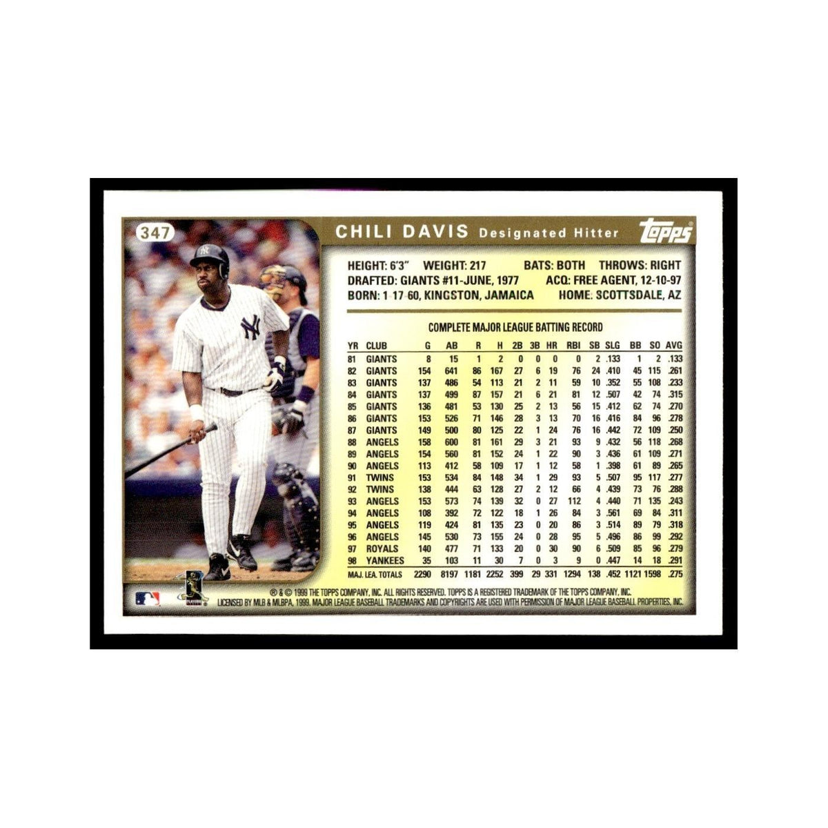 Chili Davis 1999 Topps #347 New York Yankees Baseball Card NM