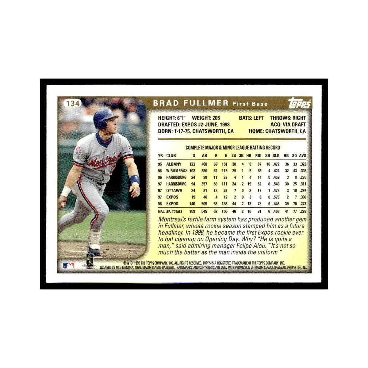 Brad Fullmer 1999 Topps #134 Montreal Expos Baseball Card NM