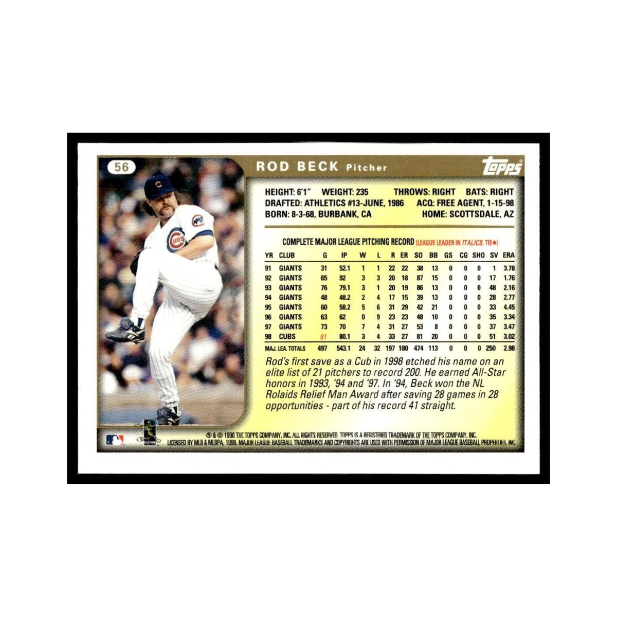 Rod Beck 1999 Topps #56 Chicago Cubs Baseball Card NM