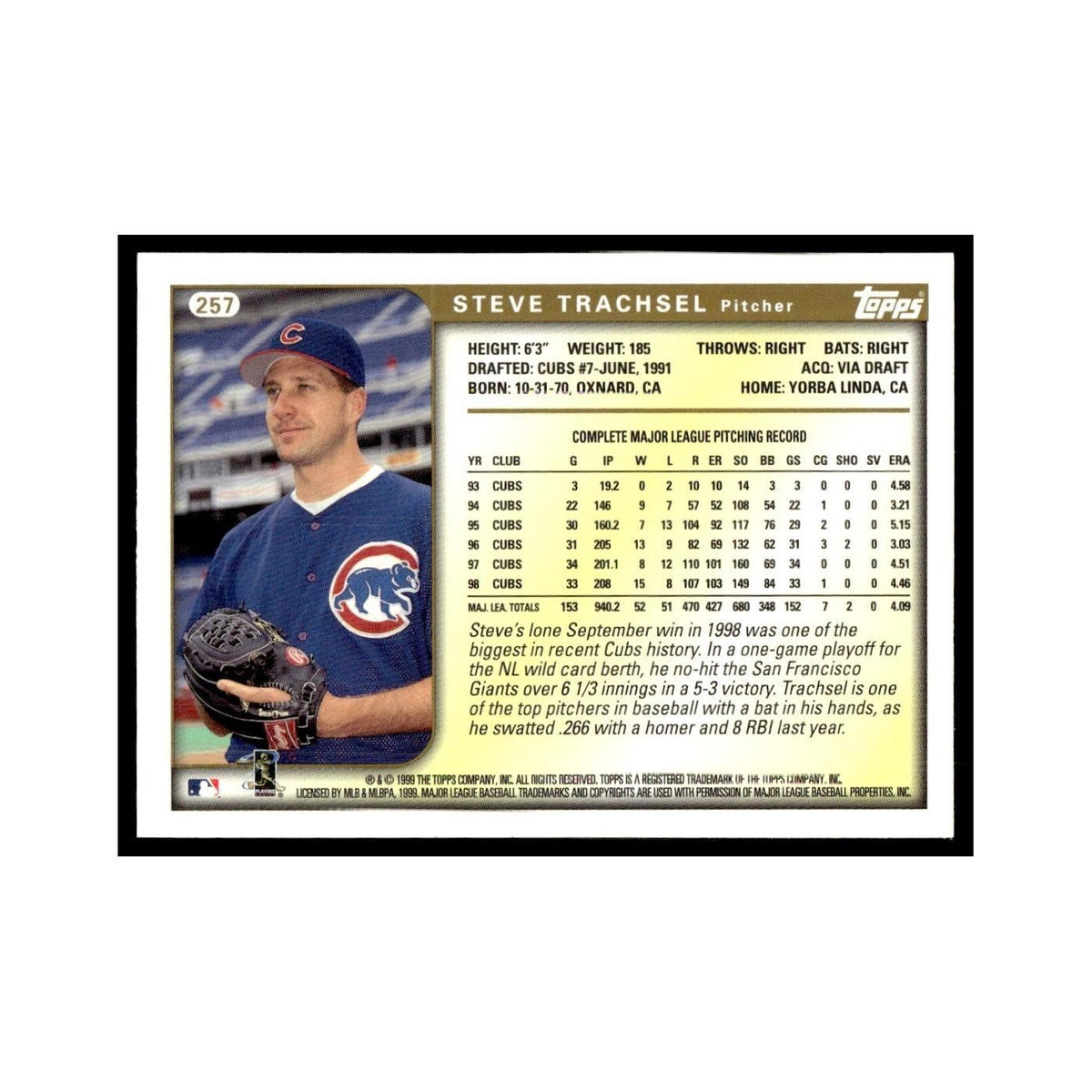 Steve Trachsel 1999 Topps #257 Chicago Cubs Baseball Card NM
