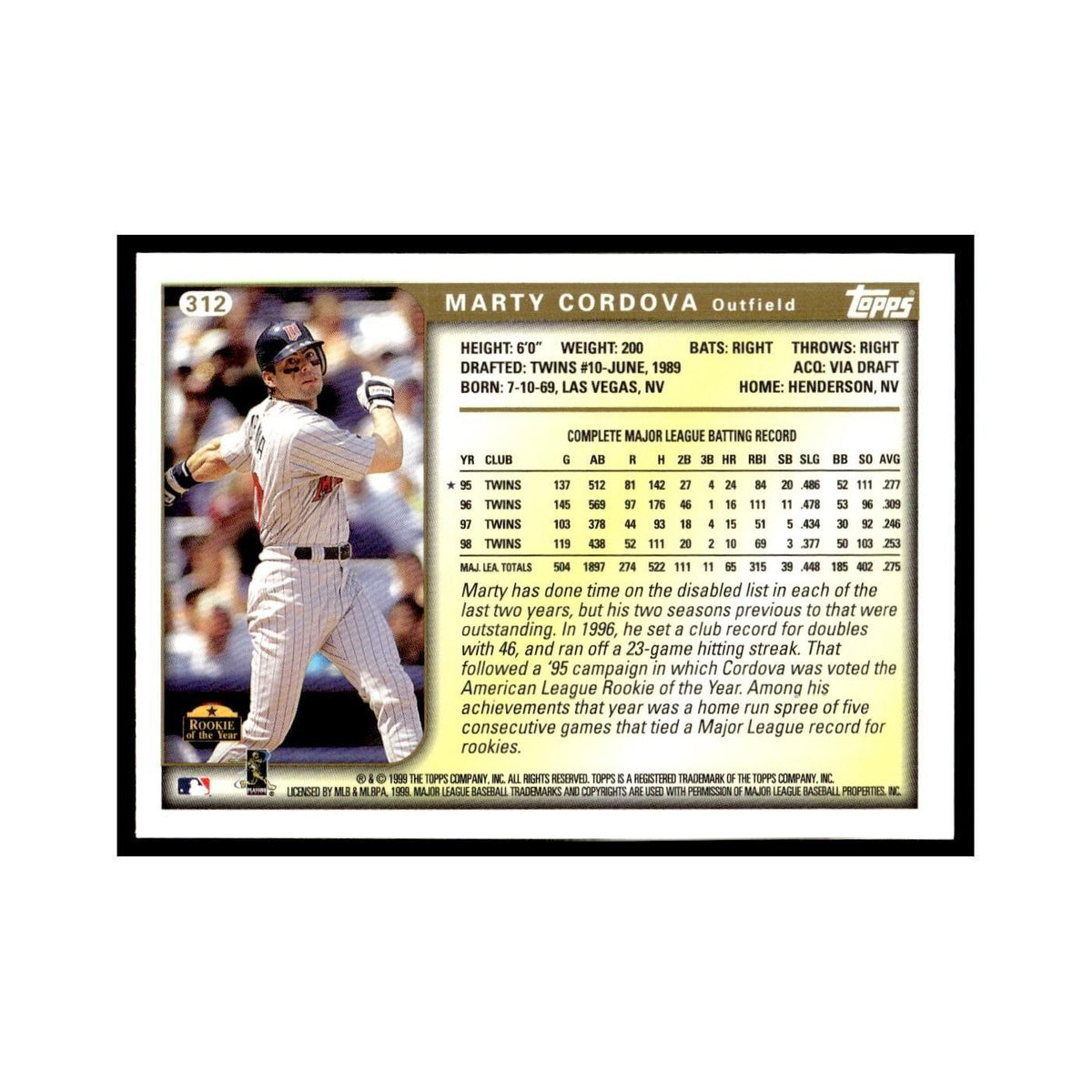 Marty Cordova 1999 Topps #312 Minnesota Twins Baseball Card NM