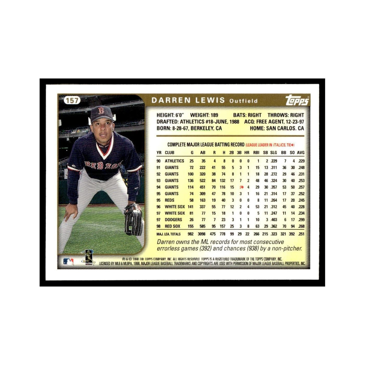 Darren Lewis 1999 Topps #157 Boston Red Sox Baseball Card NM