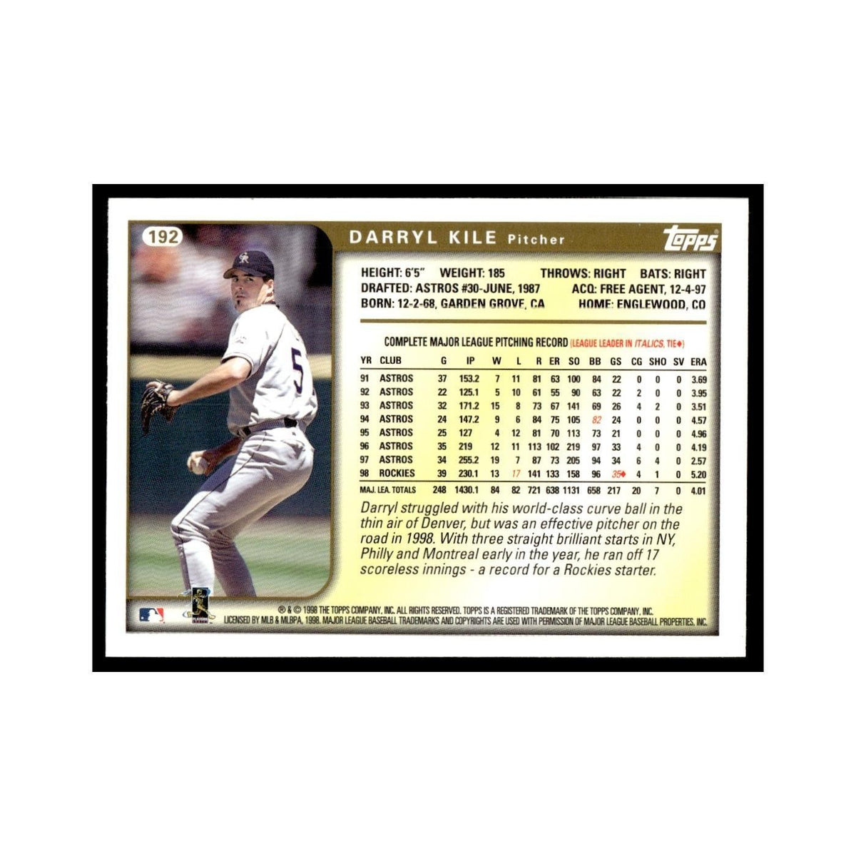 Darryl Kile 1999 Topps #192 Colorado Rockies Baseball Card NM