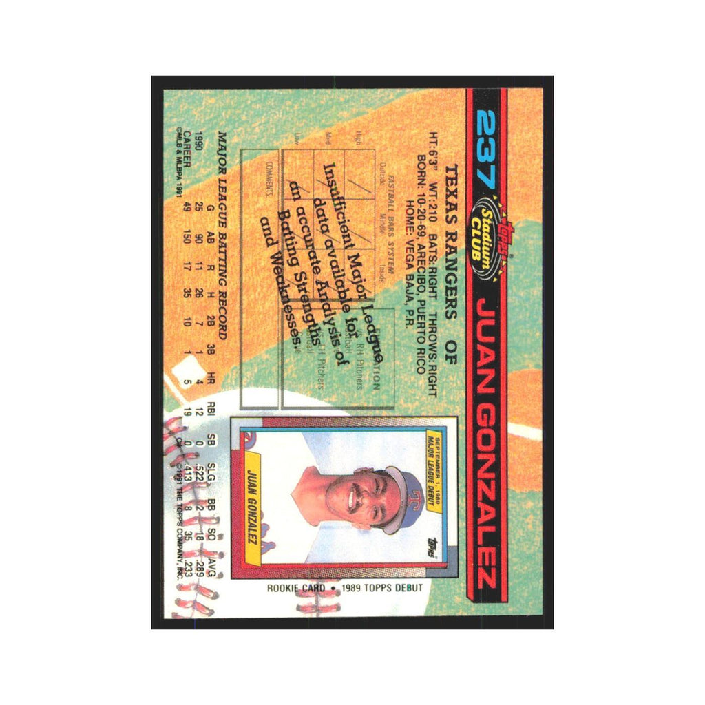 1991 Stadium Club Juan Gonzalez Rangers #237