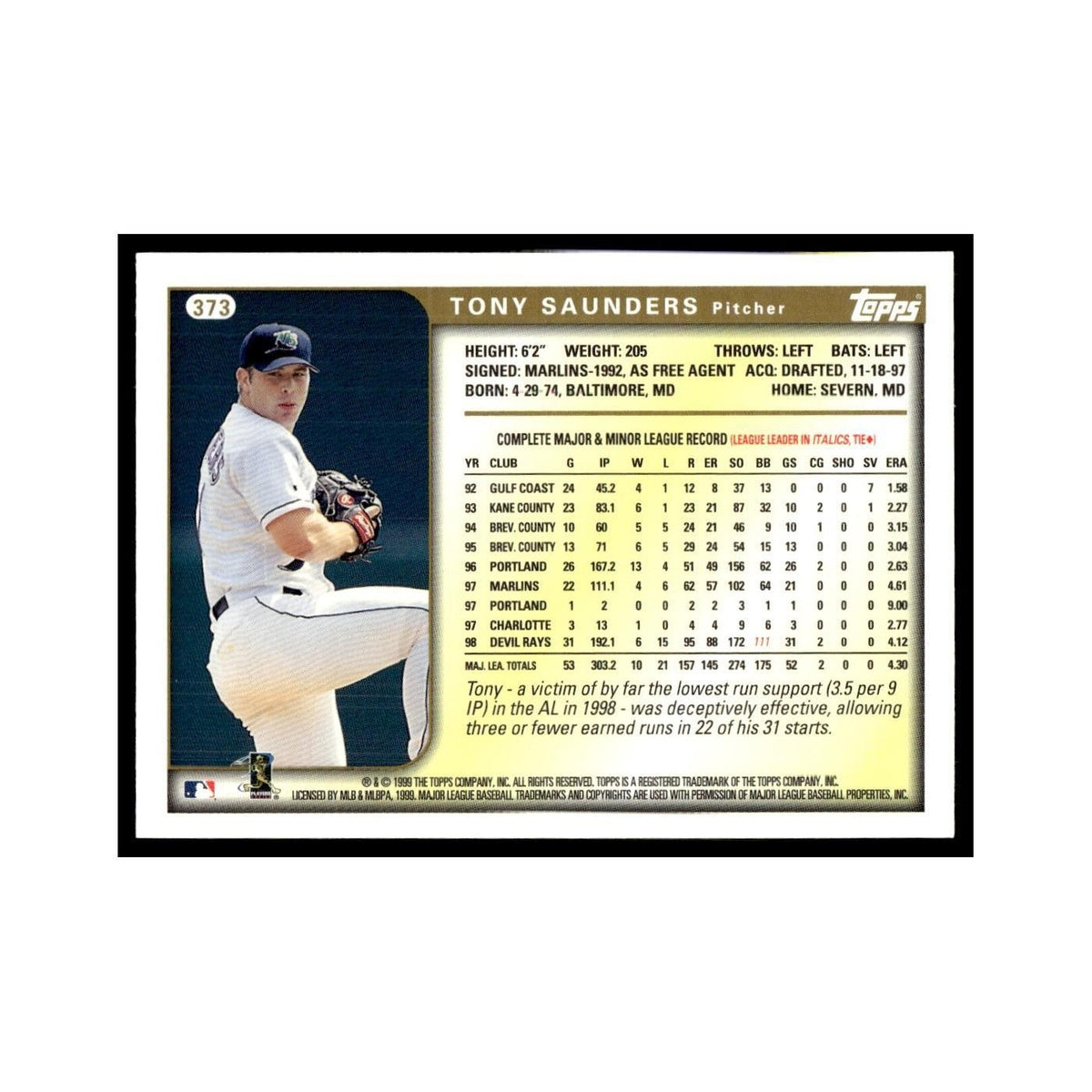 Tony Saunders 1999 Topps #373 Tampa Bay Devil Rays Baseball Card NM