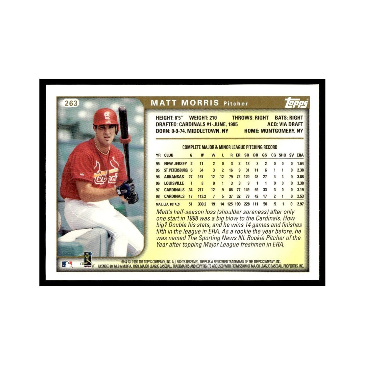 Matt Morris 1999 Topps #263 St. Louis Cardinals Baseball Card NM