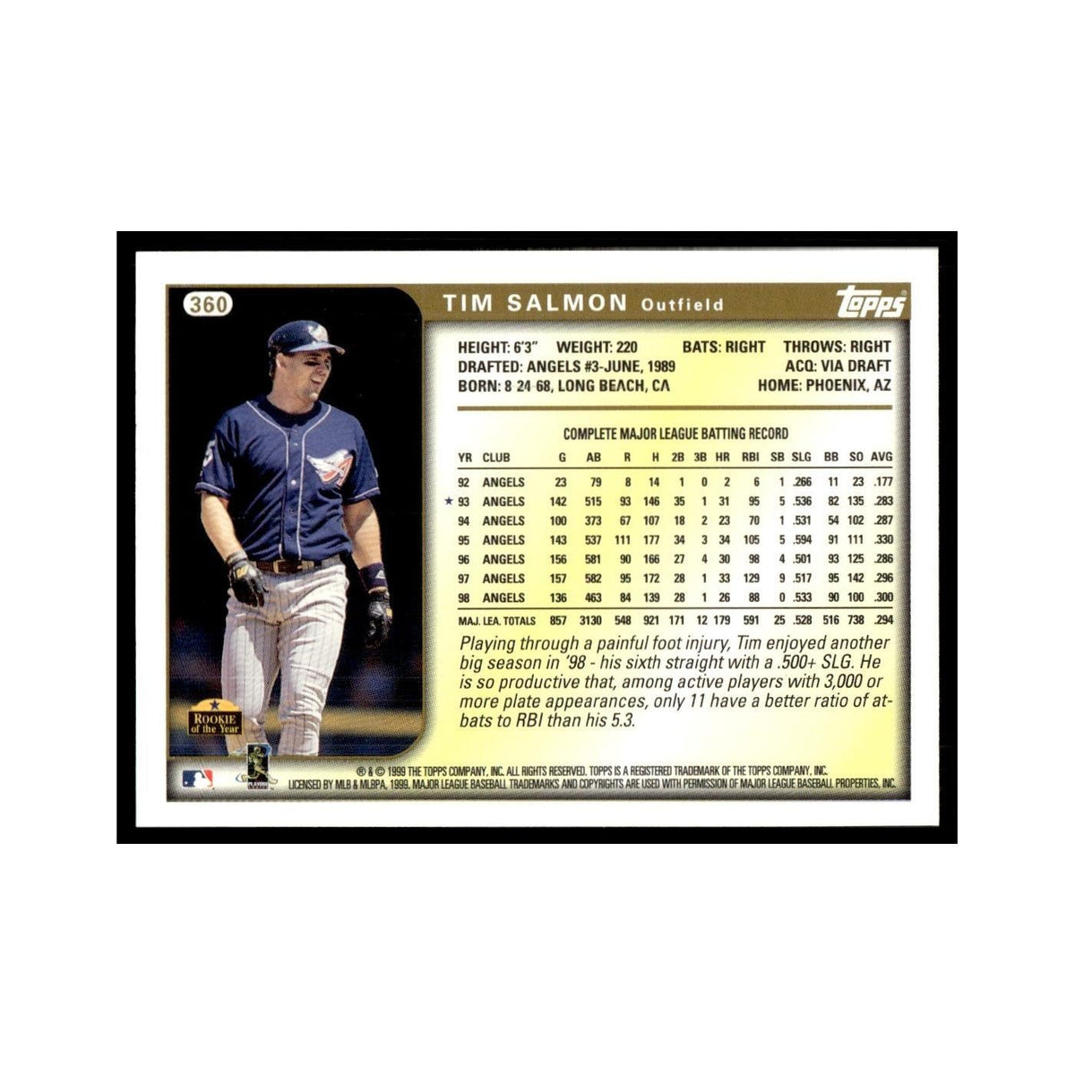Tim Salmon 1999 Topps #360 Anaheim Angels Baseball Card NM