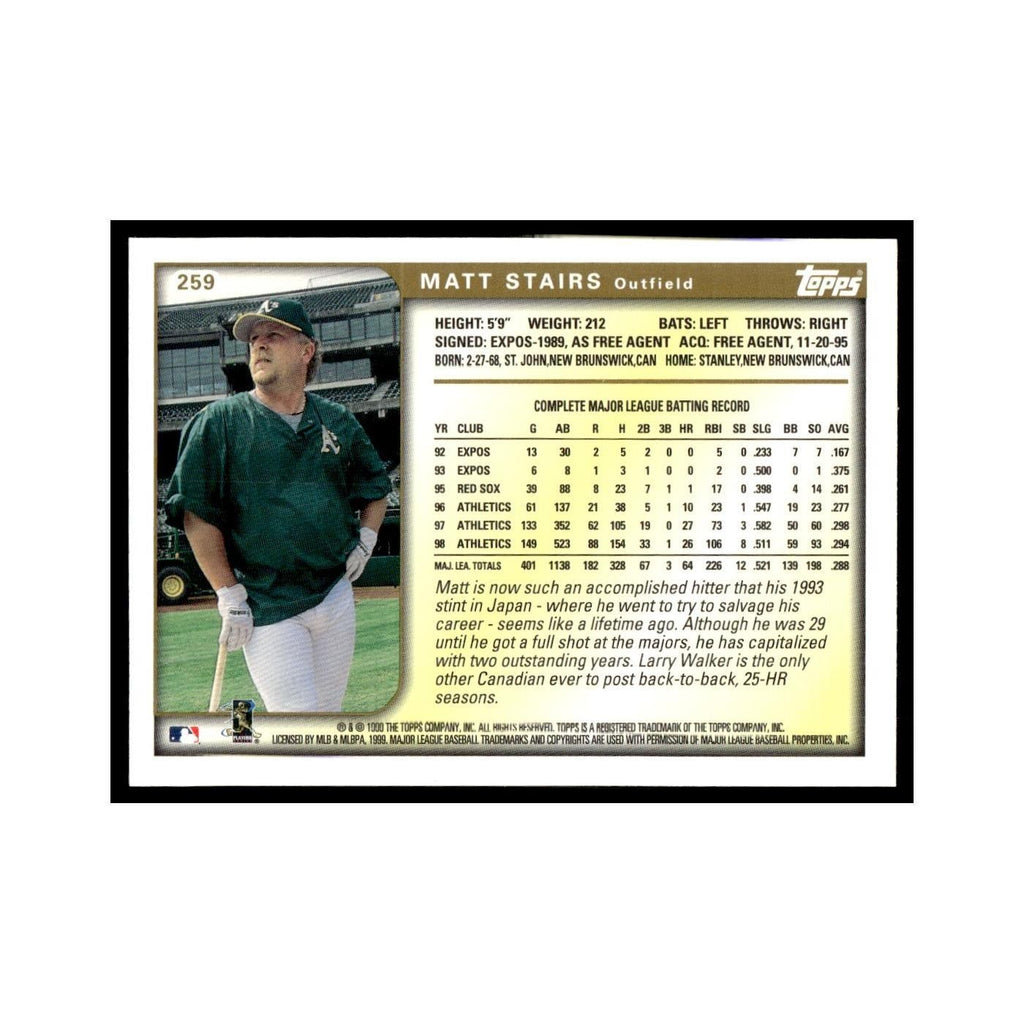 Matt Stairs 1999 Topps #259 Oakland Athletics Baseball Card NM