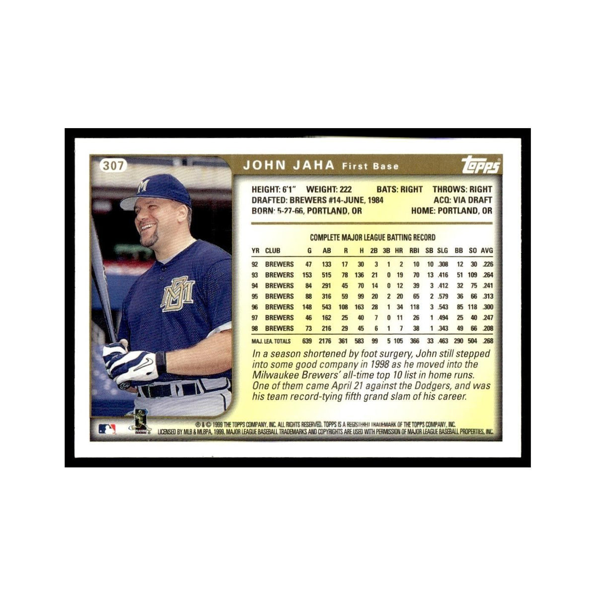 John Jaha 1999 Topps #307 Milwaukee Brewers Baseball Card NM