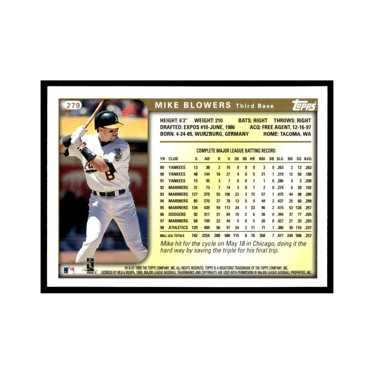 Mike Blowers 1999 Topps #279 Oakland Athletics Baseball Card NM