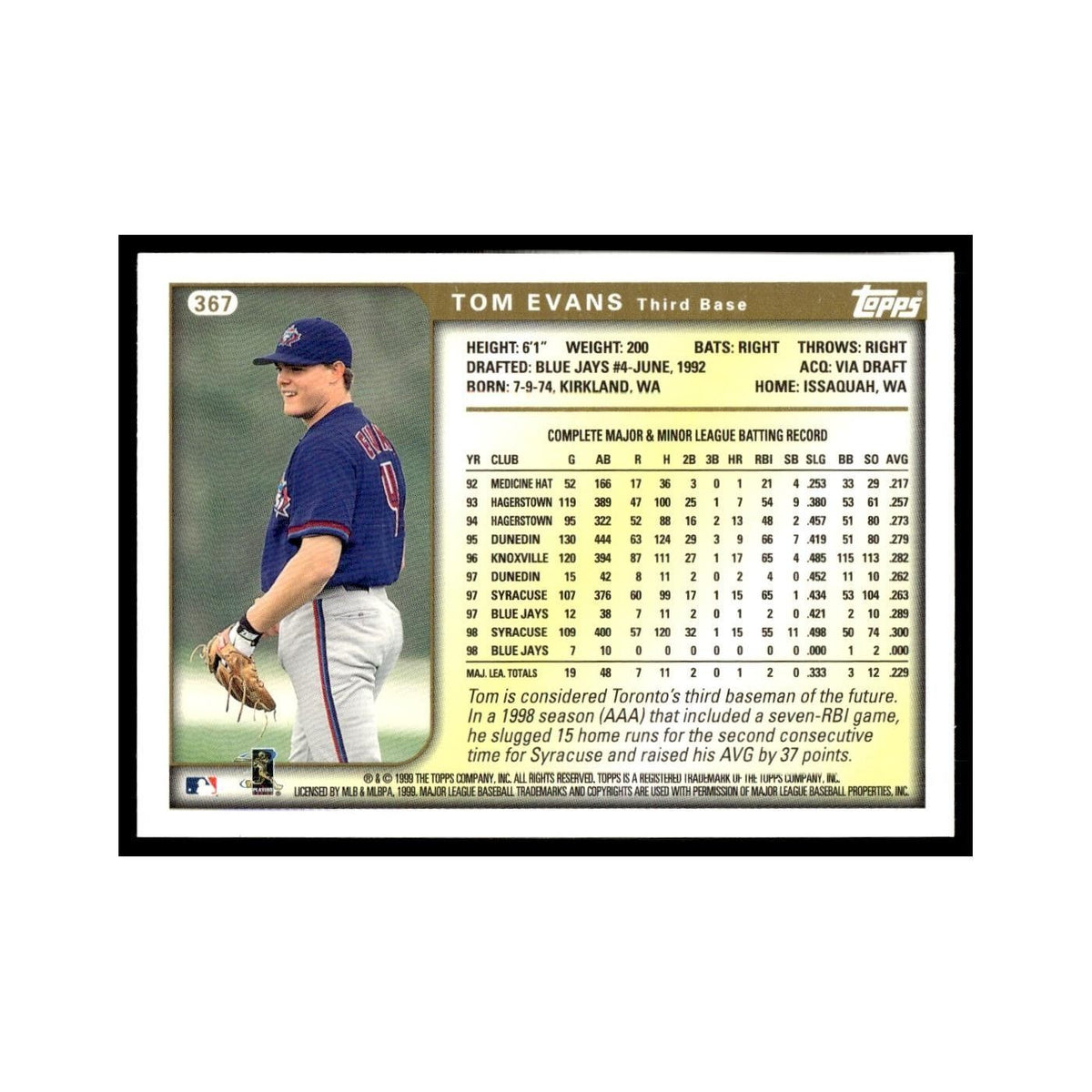Tom Evans 1999 Topps #367 Toronto Blue Jays Baseball Card NM