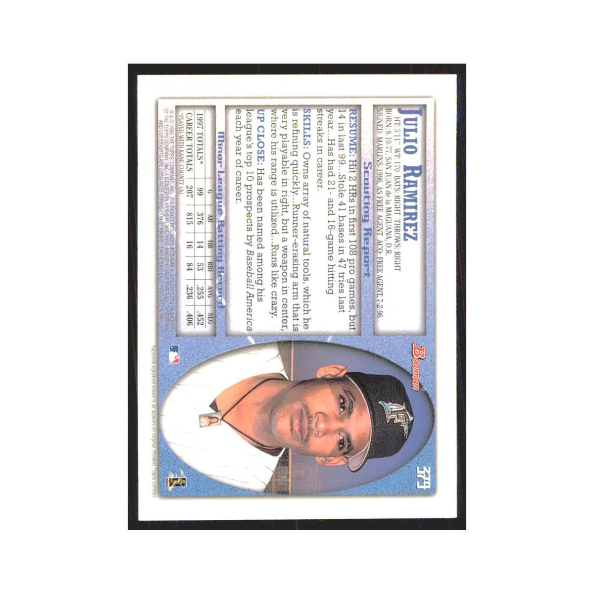1998 Bowman Julio Ramirez RC Florida Marlins #379