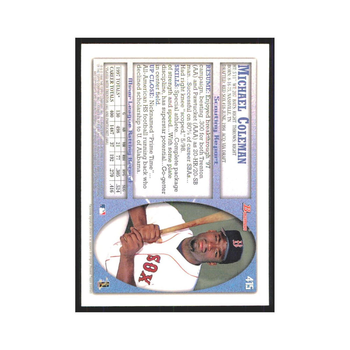 1998 Bowman Michael Coleman RC Red Sox #415