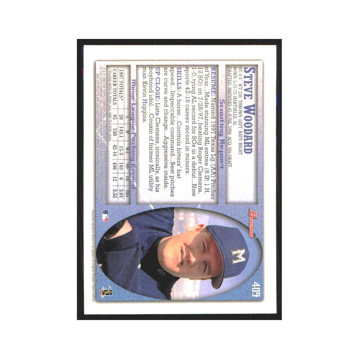 1998 Bowman Steve Woodard RC Brewers #409