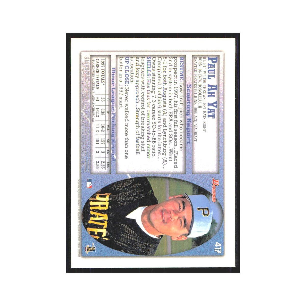 1998 Bowman Paul Ah Yat RC Pirates #417