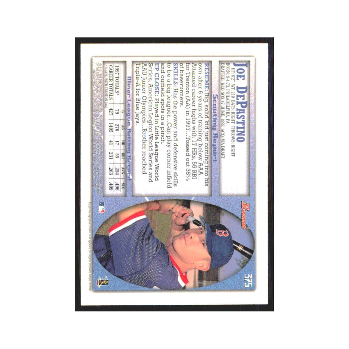 1998 Bowman Joe DePastino RC Red Sox #375