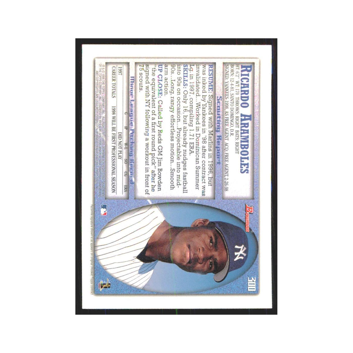 1998 Bowman Ricardo Aramboles RC Yankees #300