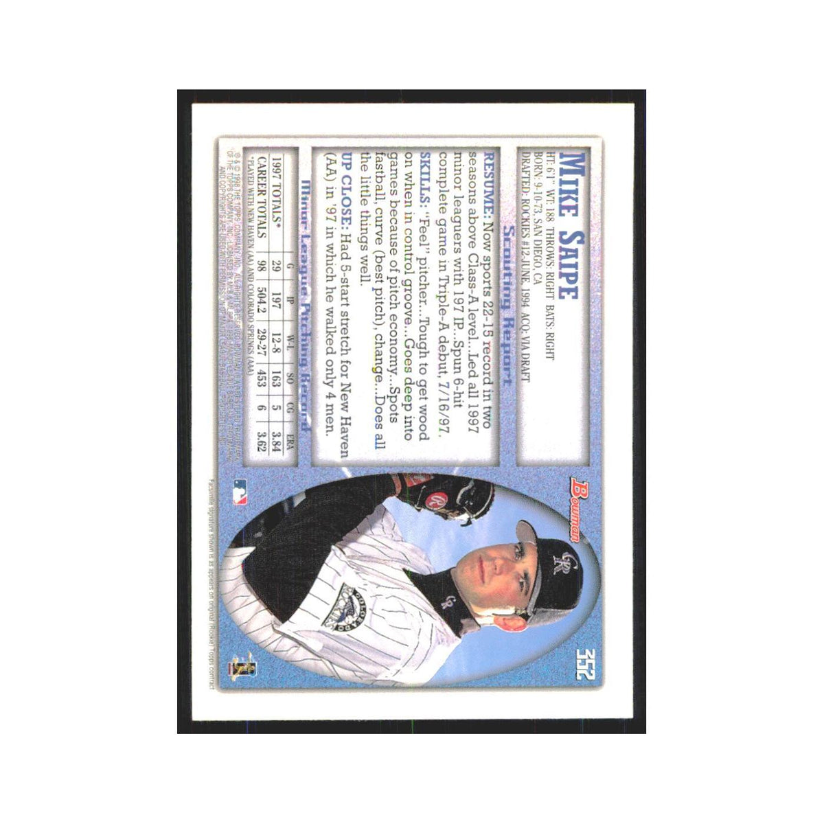 1998 Bowman Mike Saipe RC Rockies #352