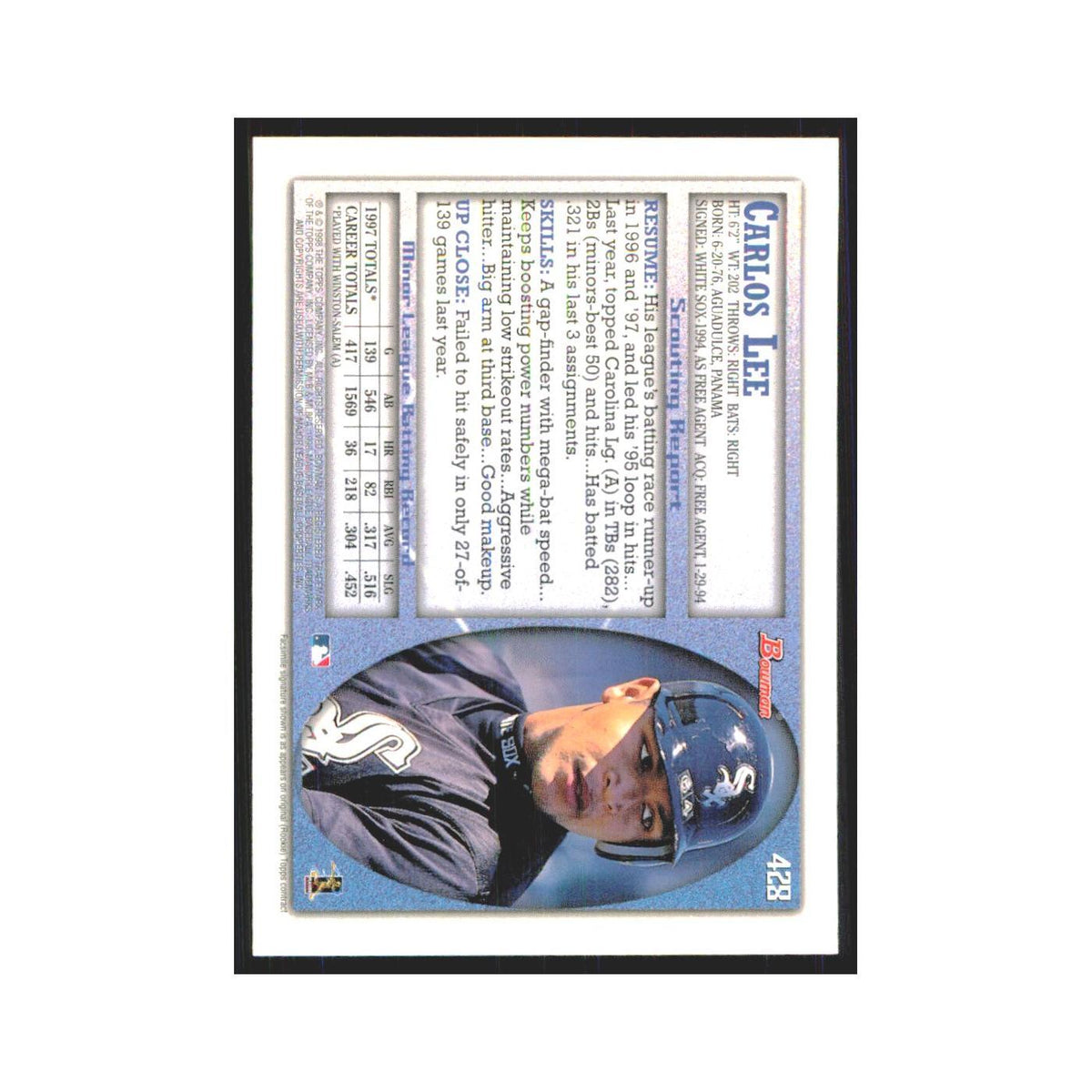 1998 Bowman Carlos Lee RC White Sox #428