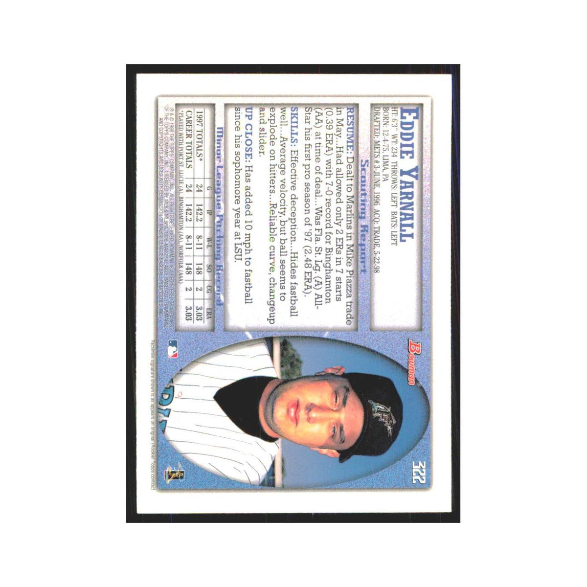 1998 Bowman Ed Yarnall RC Florida Marlins #322