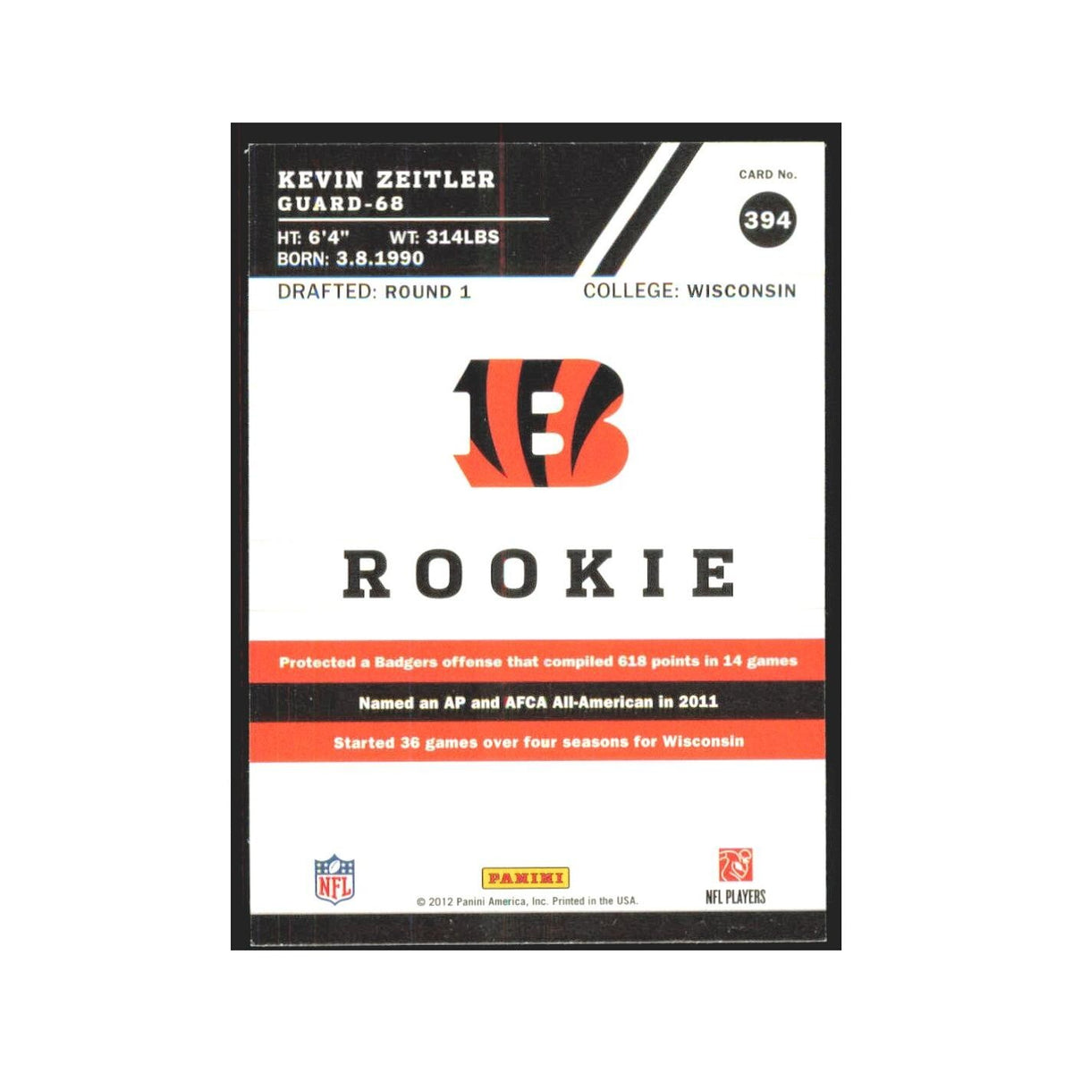 2012 Score Kevin Zeitler RC Bengals #394