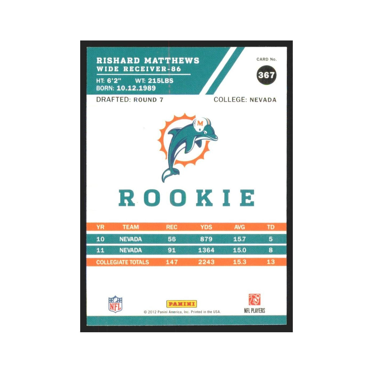 2012 Score Rishard Matthews RC Dolphins #367