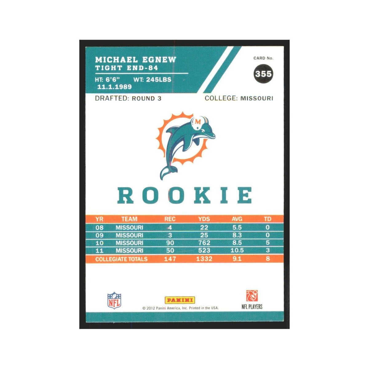 2012 Score Michael Egnew RC Dolphins #355