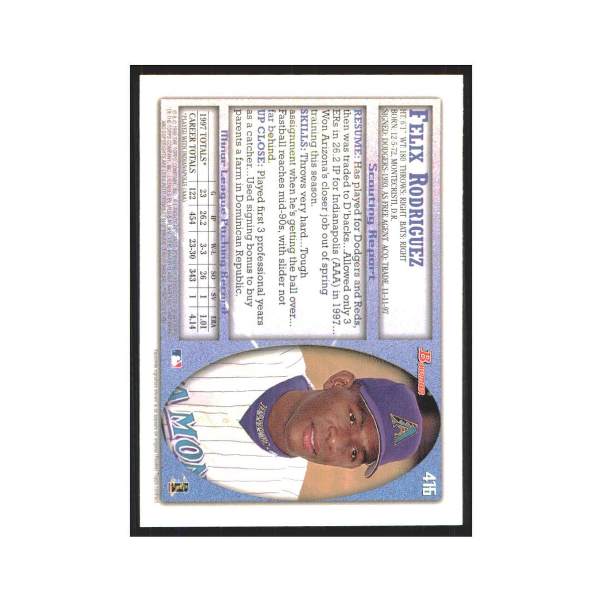 1998 Bowman Felix Rodriguez Diamondbacks #416