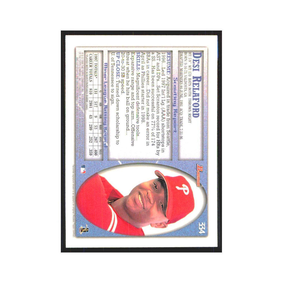 1998 Bowman Desi Relaford Phillies #334