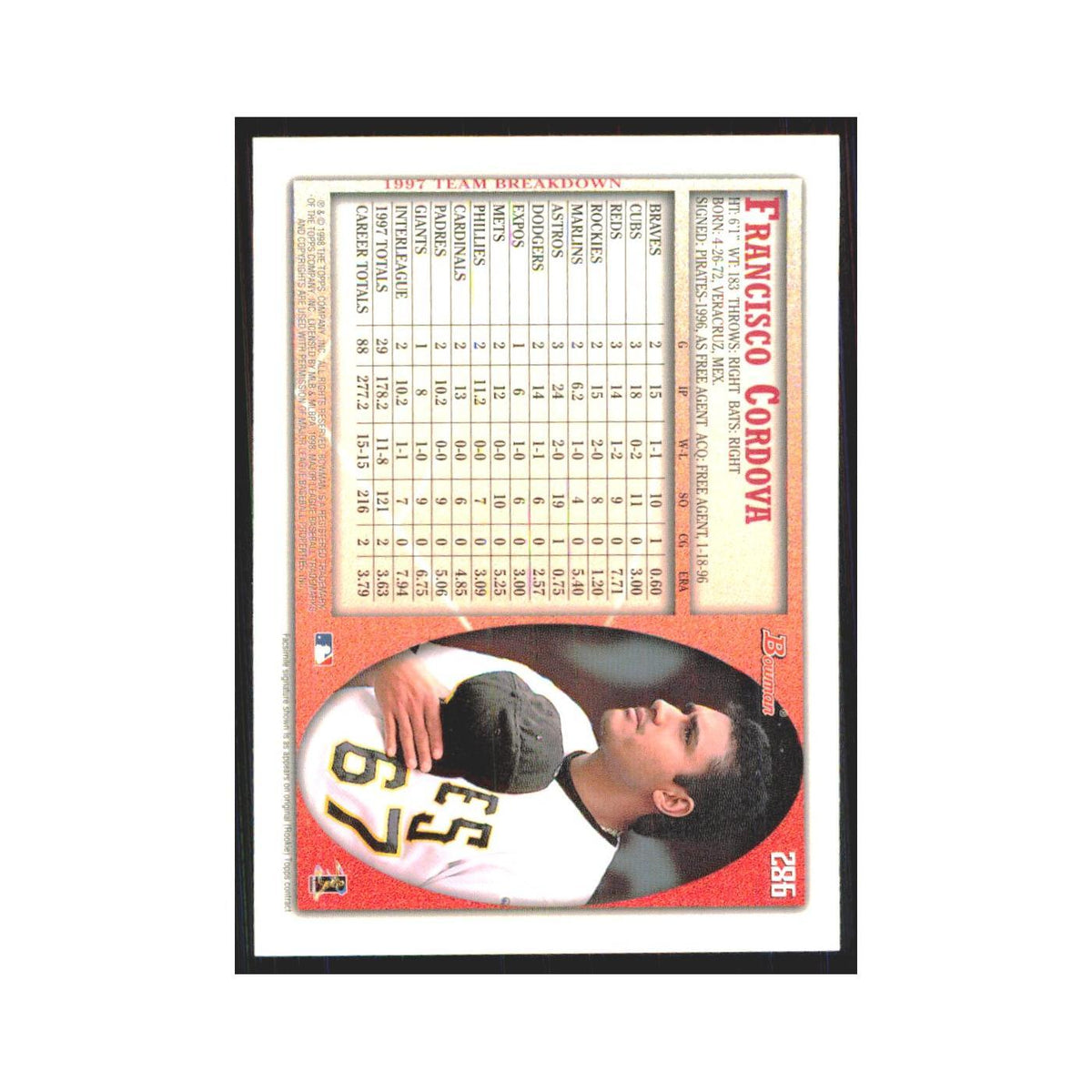 1998 Bowman Francisco Cordova Pirates #286