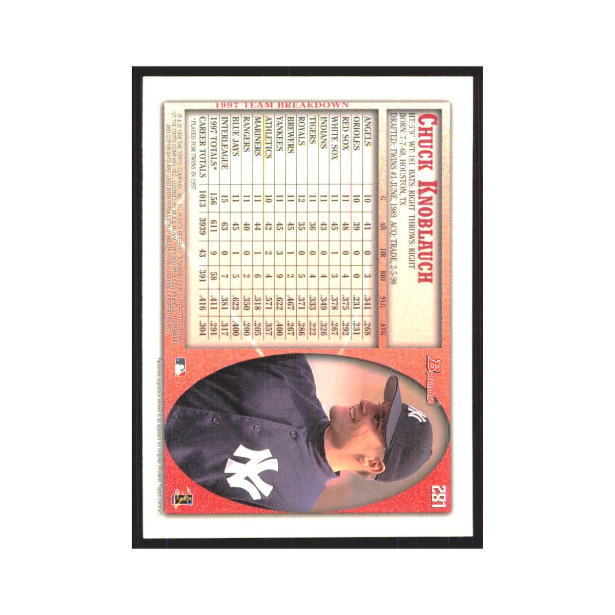 1998 Bowman Chuck Knoblauch Yankees #281