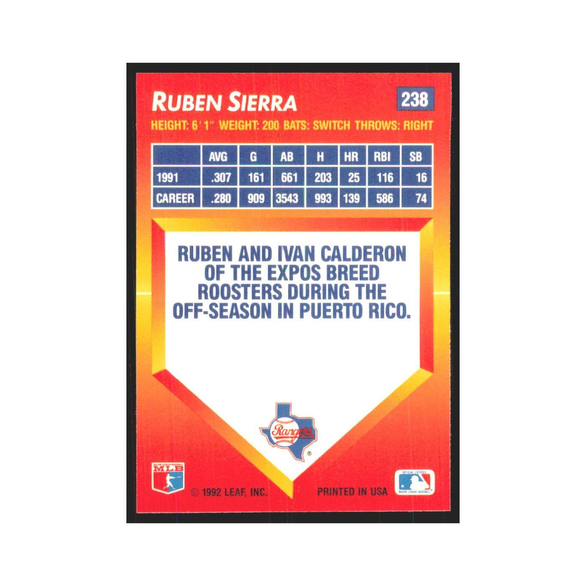 1992 Donruss Triple Play Ruben Sierra Rangers #238