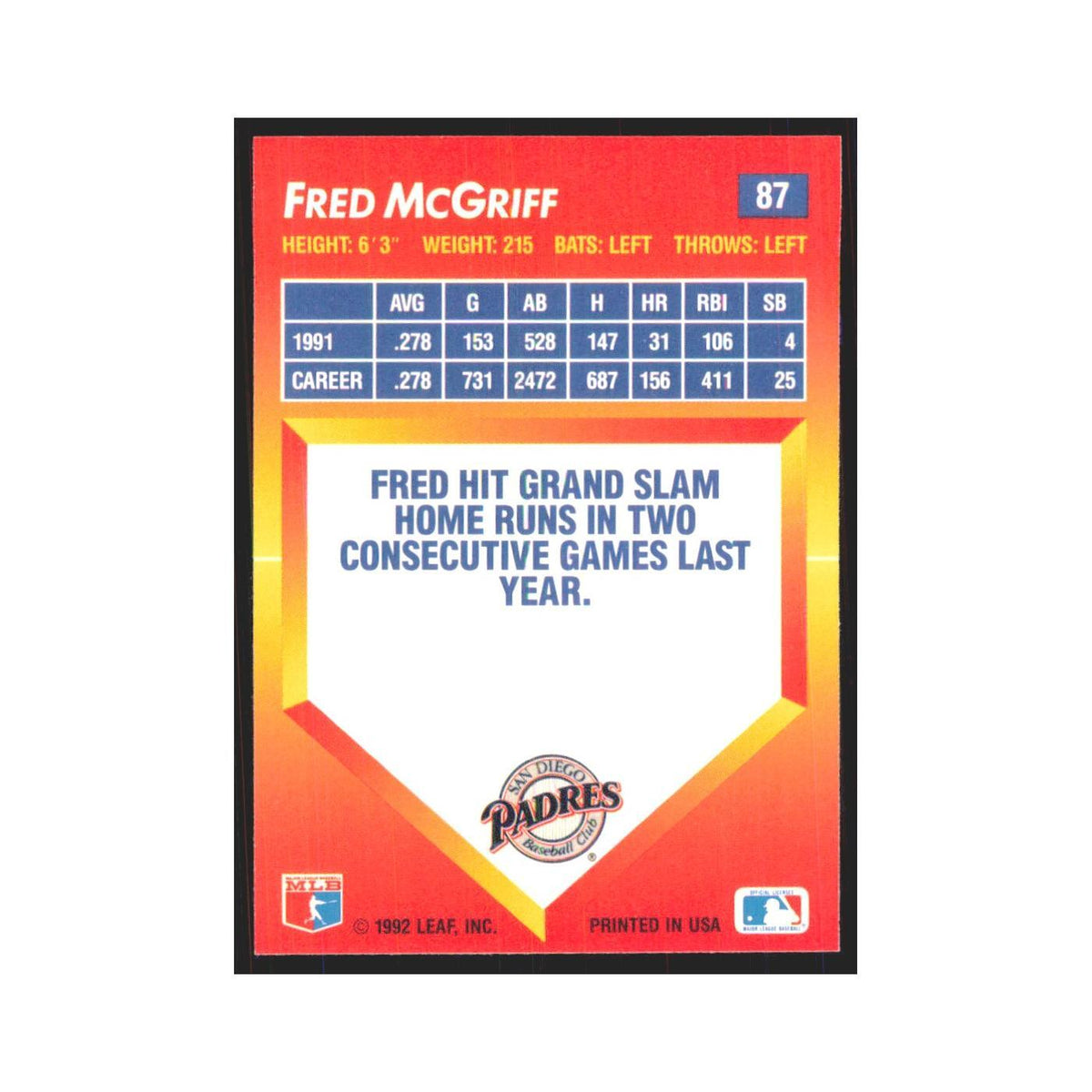 1992 Donruss Triple Play Fred McGriff Padres #87