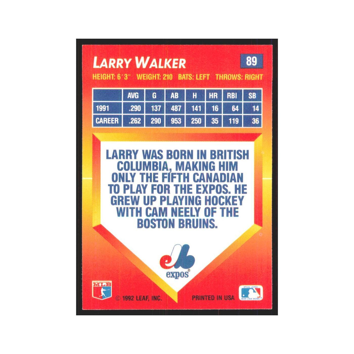 1992 Donruss Triple Play Larry Walker Montreal Expos #89