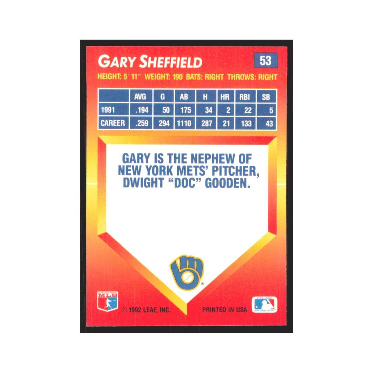1992 Donruss Triple Play Gary Sheffield Brewers #53