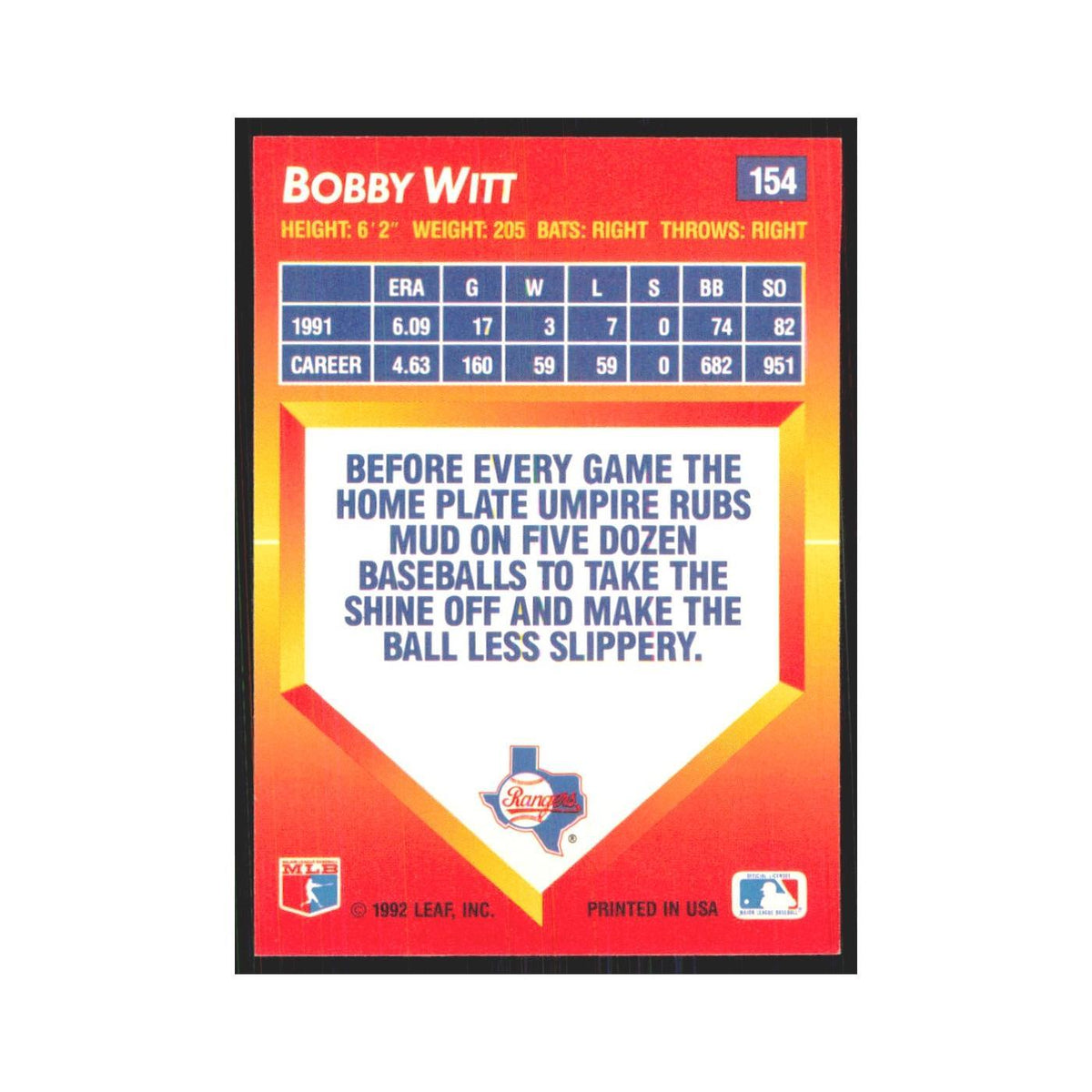 1992 Triple Play Bobby Witt Rangers #154