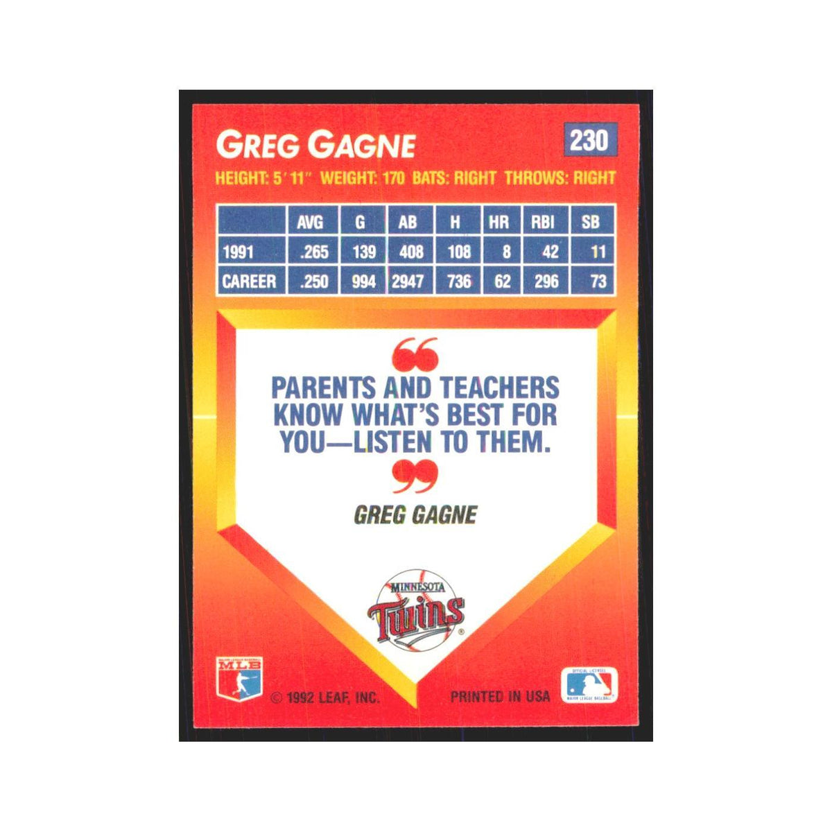 1992 Triple Play Greg Gagne Twins #230