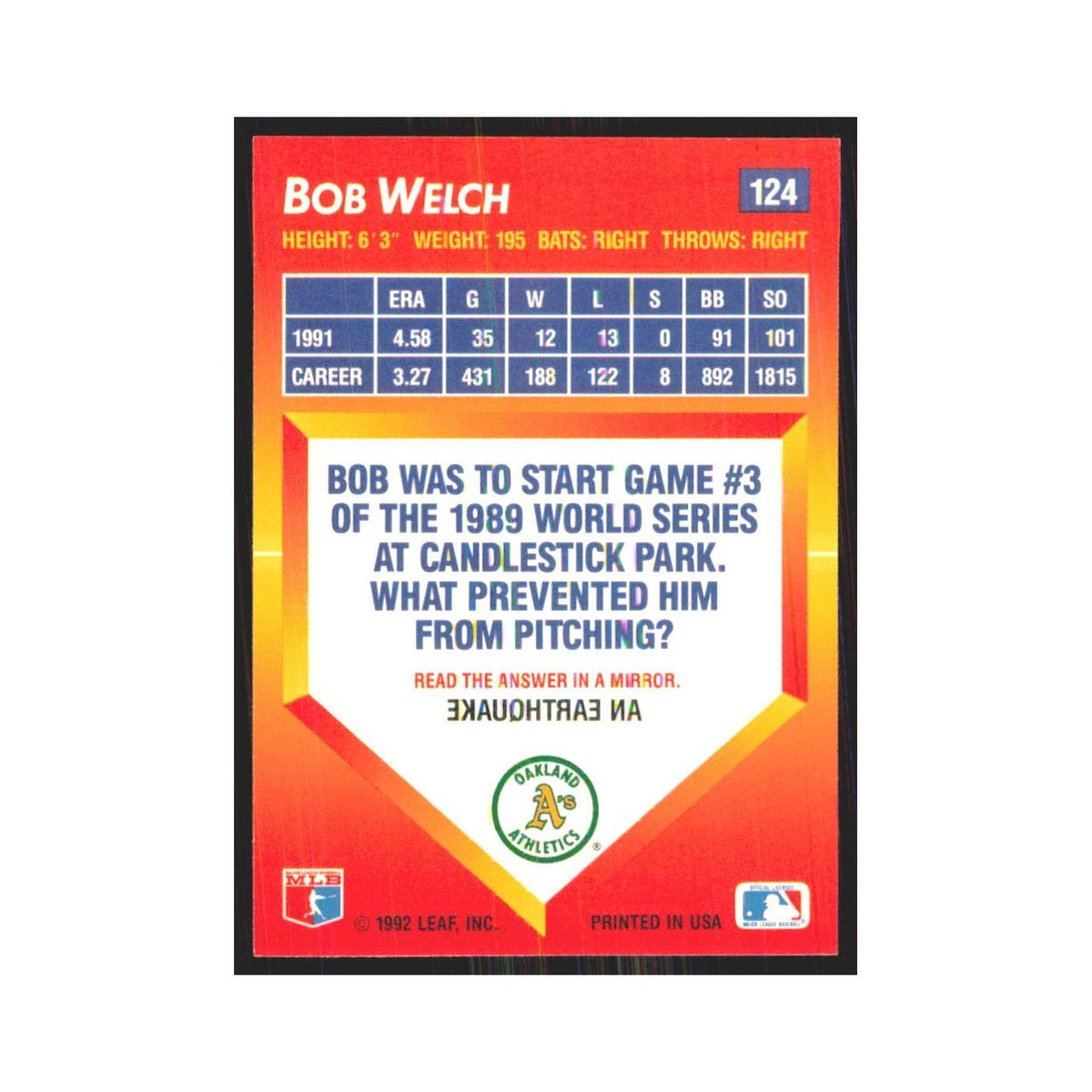 1992 Triple Play Bob Welch Athletics #124