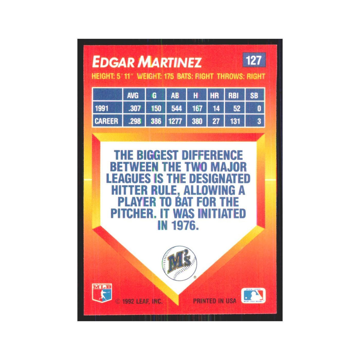 1992 Triple Play Edgar Martinez Mariners #127