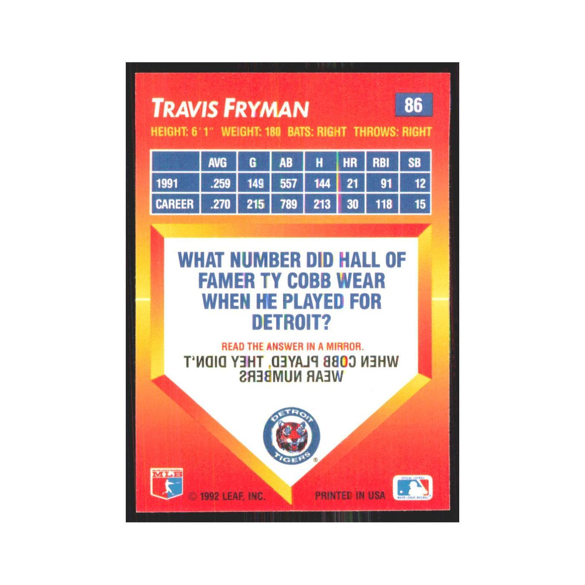 1992 Triple Play Travis Fryman Tigers #86