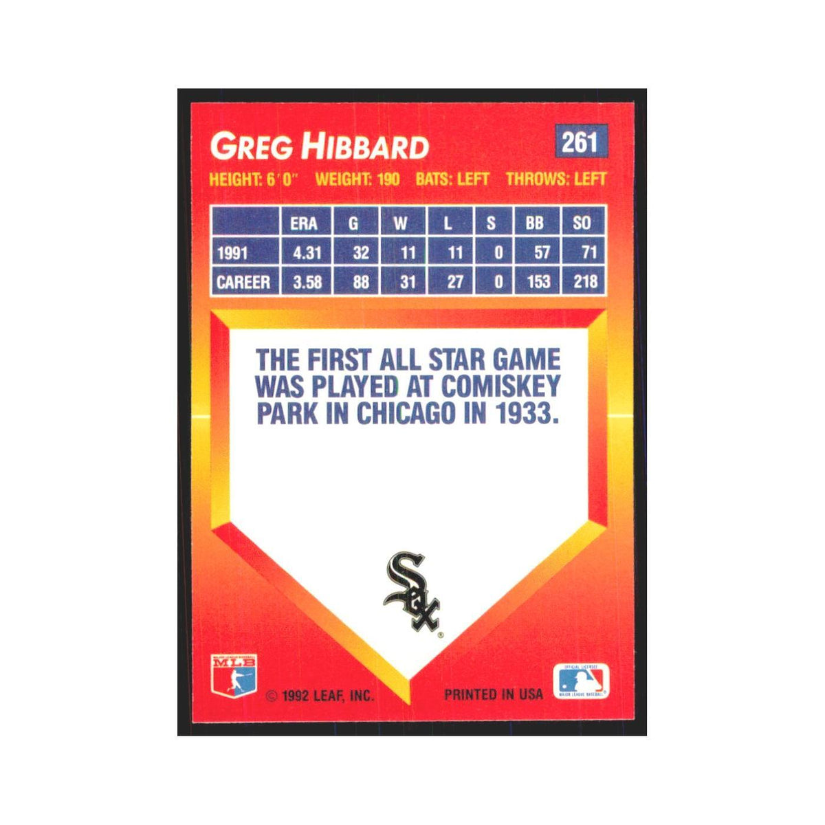 1992 Triple Play Greg Hibbard White Sox #261